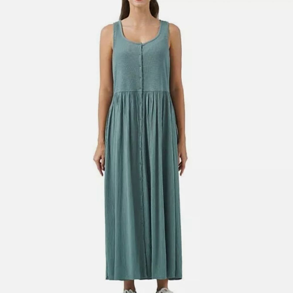 Frye Button Front Sleeveless Midi Dress Size L Green/Blue